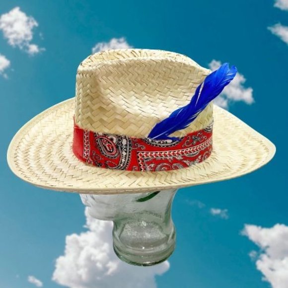 Blue Feather Tan Straw Hand Crafted 
